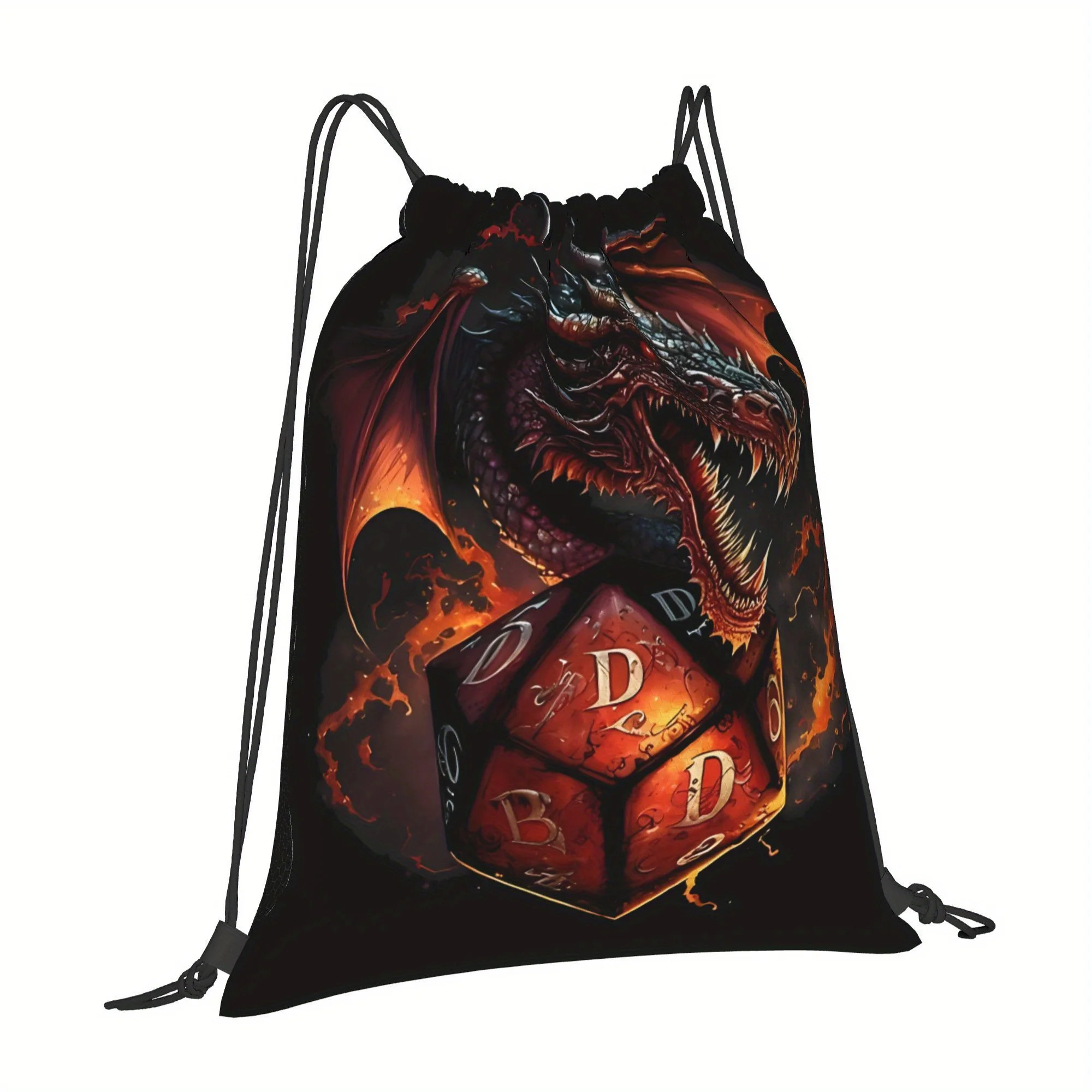 Dragon & Dice Creative Print Drawstring Bag, Durable & Lightweight, Travel Daily School Storage Bag