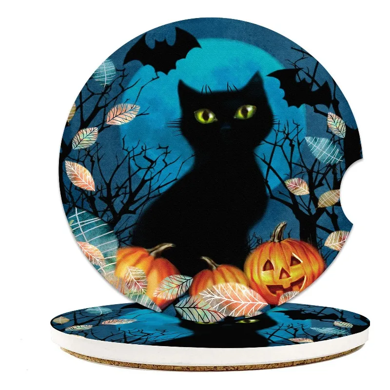 Halloween Black Cat Pumpkin Bat Car Cup Holder Coasters, 2-Pack Cup Coasters Car Additions Interior Aesthetic for Men Women