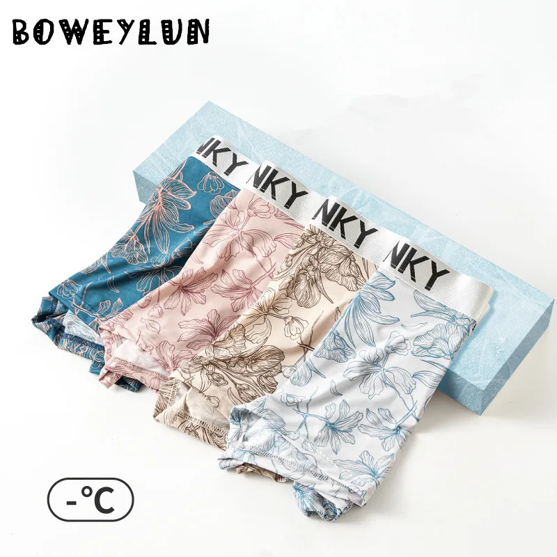 

BOWEYLUN Men's Summer Ice Silk Boxer Briefs Floral Print Cool-Touch Breathable Skin-Friendly Underwear For Men