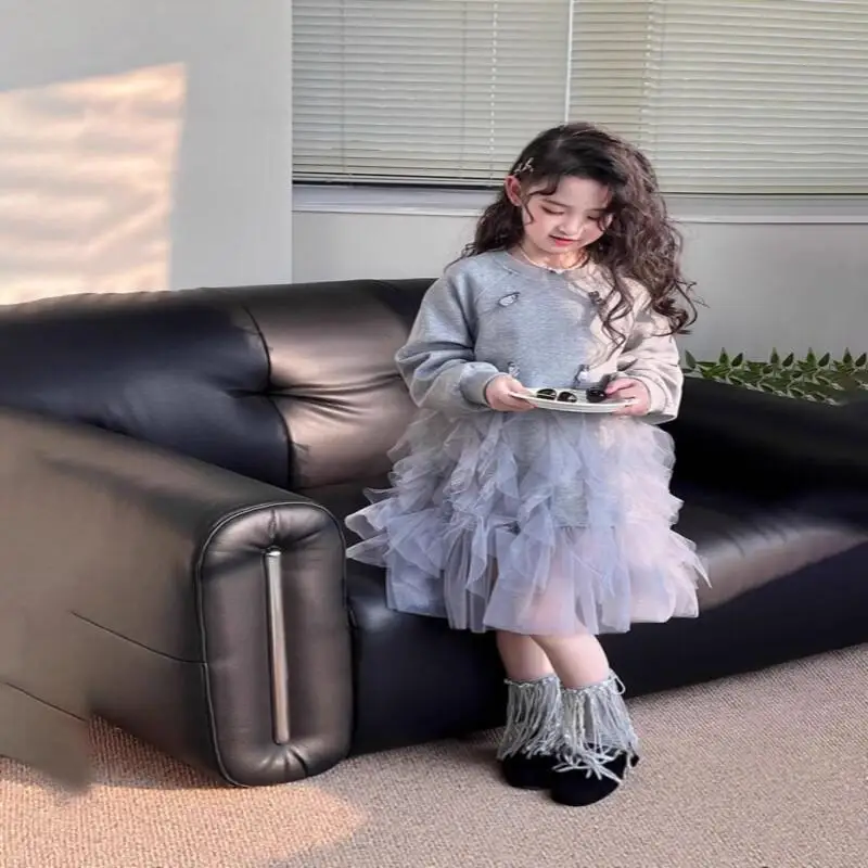 

Весенне-осенний повседневный комплект: юбка средней длины и топ, детская одежда, новая модная кавайная модель для девочек, кружевное платье-пуловер для школьниц