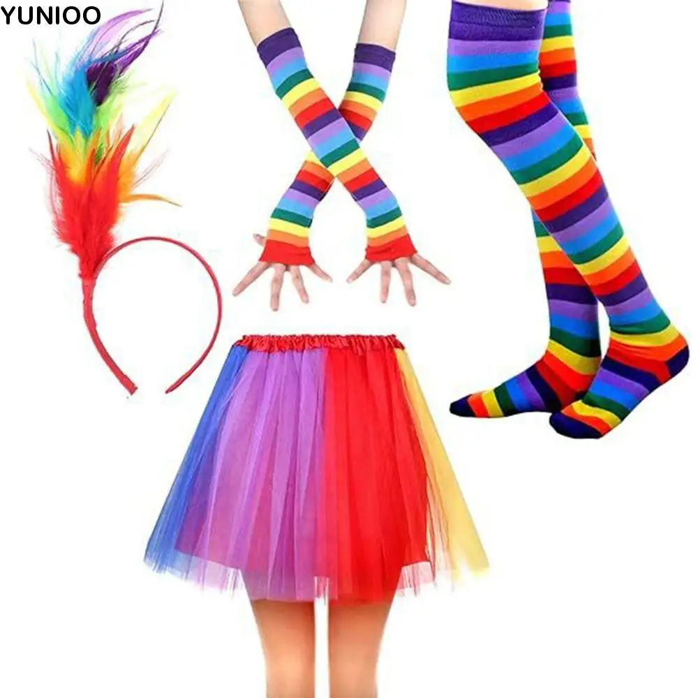 

Colorful Rainbow Tutu Skirt Pride Day Beautiful Rainbow Striped Socks & Gloves Durable Feather Headband