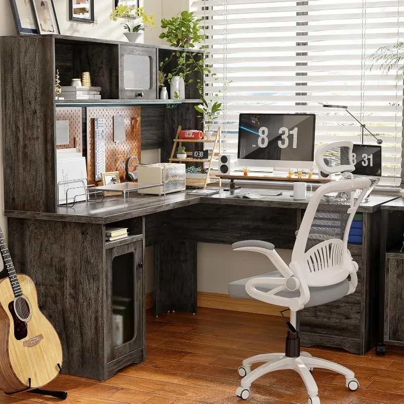 L Shaped Office Desk with Hutch, 60 Inch Computer Desk with Power Outlet and LED Lights, Large Modern Corner Desk