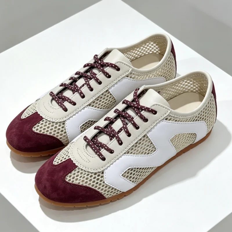 Hollow Mesh Mixed Colors Flat Sneakers for Ladies Fashion Round-toe Lace-up Detail Faux Suede Casual Shoes Summer Mesh Shoes