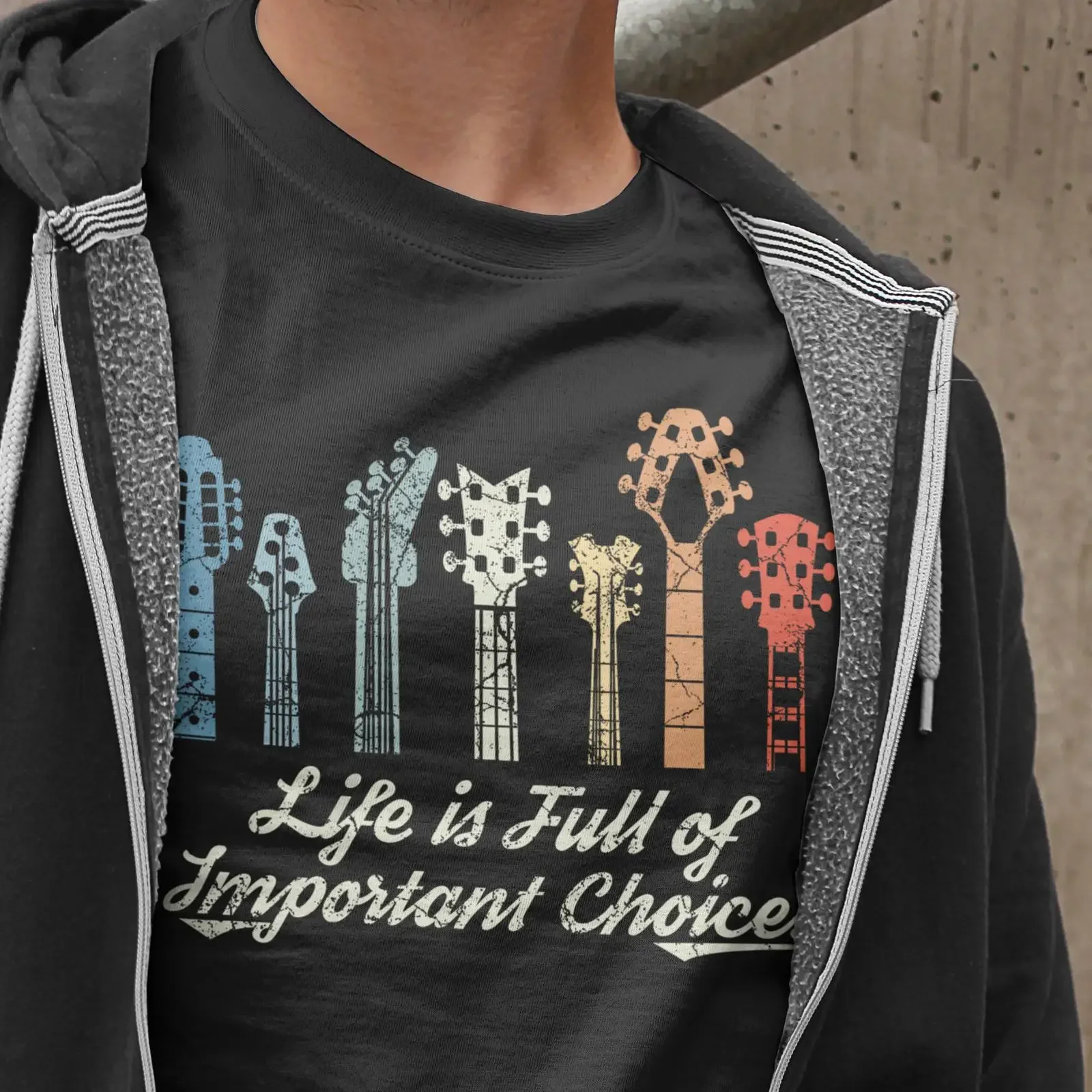 Life Is Full Of Important Choices Guitar Head T Shirt Funny for Guitarists Musicians Rock Band Music Lovers vintage Washed