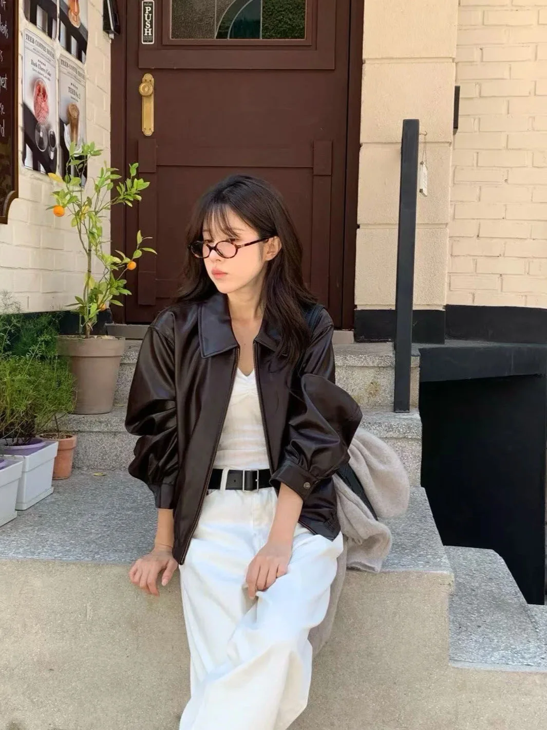 

Loose Casual Retro Leather Jaet Women's Outerwear Dongda Gate Vrgamot Korean Sle Fall New Arrival Zipper PU Leather