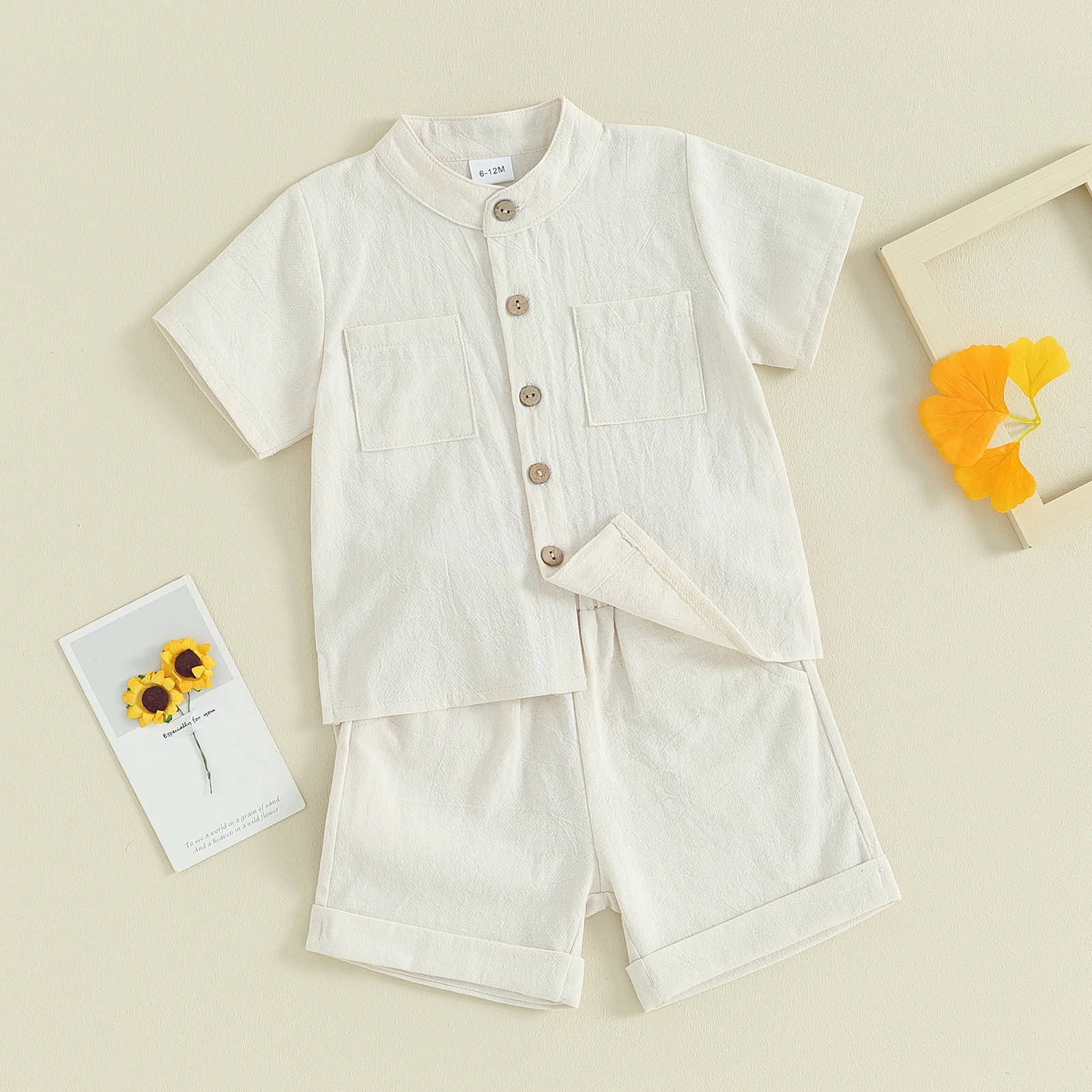 Kids Baby Boys Summer Cotton Linen Solid Short Sleeve Buttons Tops and Elastic Waist Shorts Set 2Pcs Infants Clothing