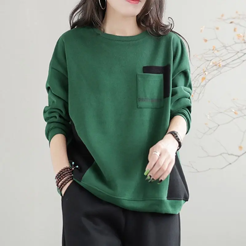 2023 Autumn and Winter New Korean Version Temperament Women\'s Clothing Fashion Splice Pockets Round Neck Long Sleeve Pullover