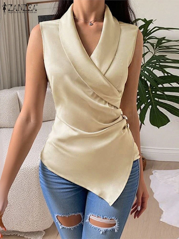 

ZANZEA Vintage Waisted Buttons Vests Sexy Office Tank Tops 2025 Summer Sleeveless V-neck Camis Holiday Pleating Solid Tunics