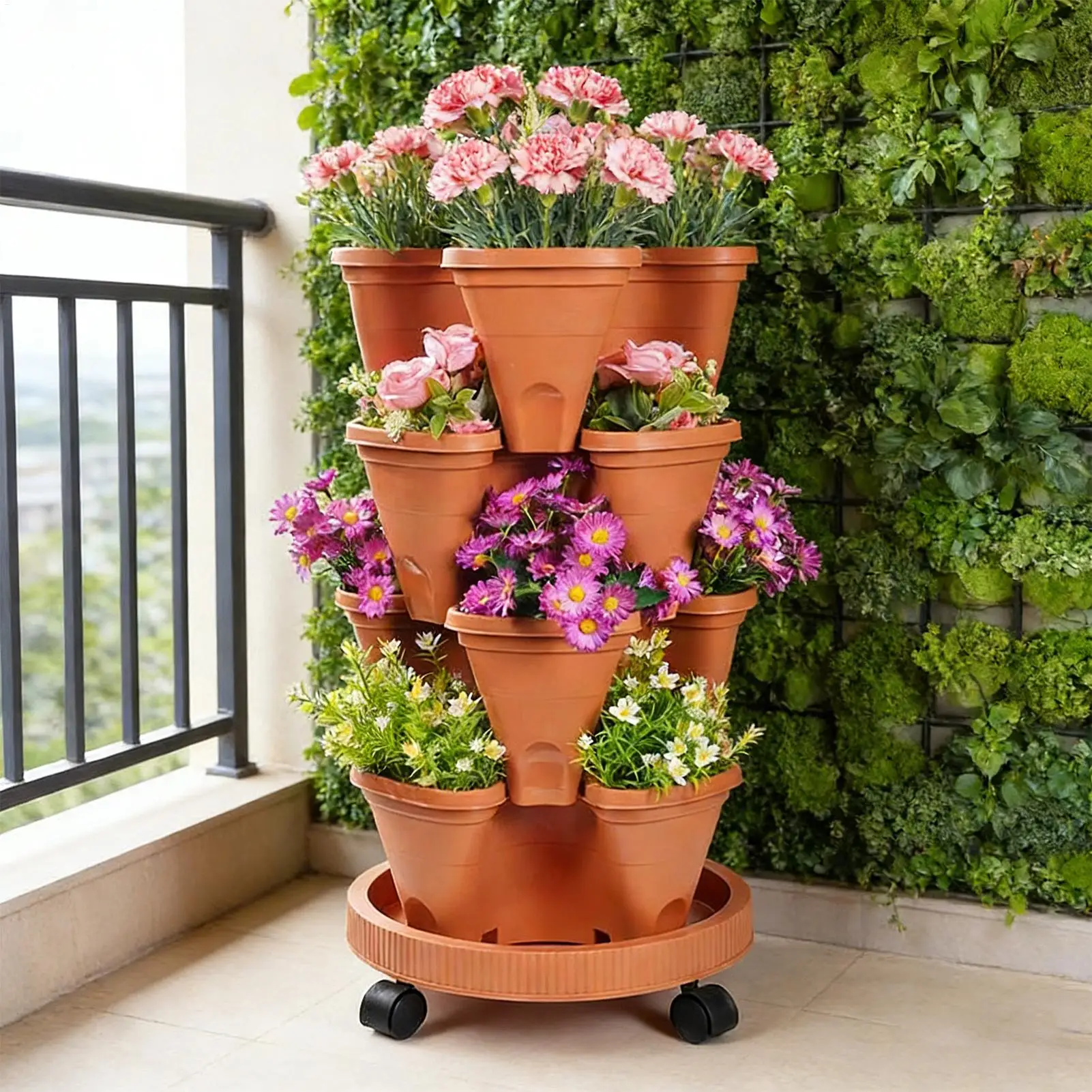 

4-уровневый штабелируемый вертикальный контейнер для растений, передвижной, для клубники и трав, с 3-мерным дизайном, 3-лепестковый