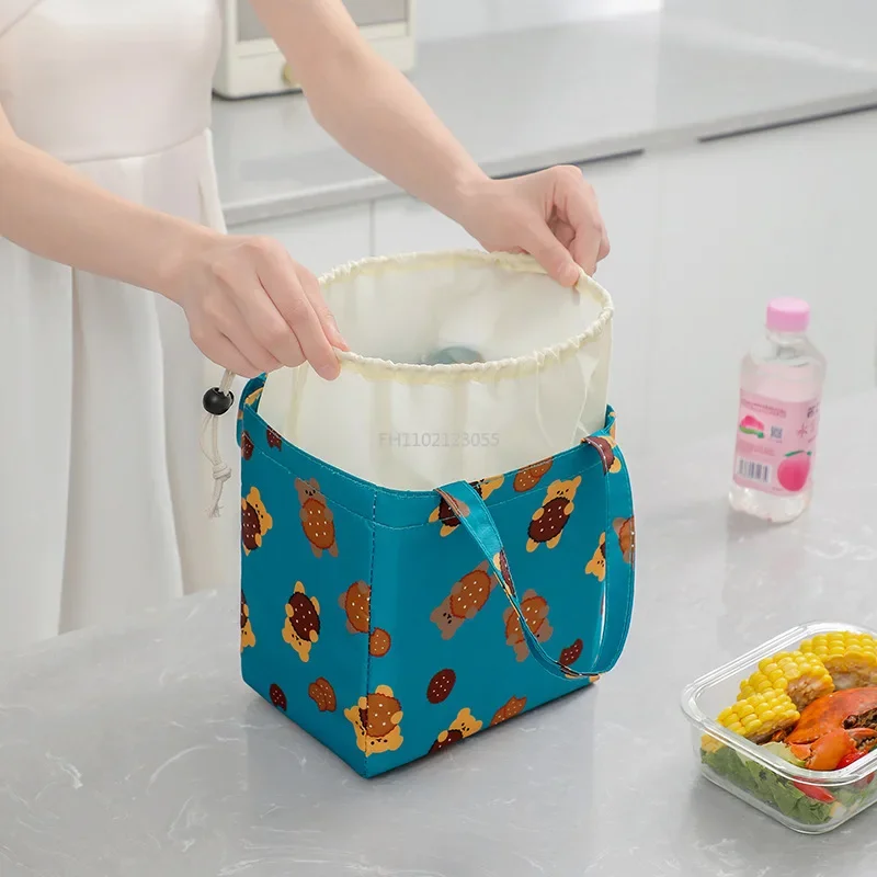 Drawstring Insulated Lunch Bag Thick Aluminium Foil Bento Box Cooler Handbags Picnic Dinner Container School Food Storage Bags