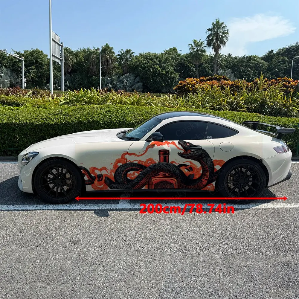 2pcs Red Snake Spit Flame Coiled Bottle, Fade-resistant, Enhance Vehicle Aesthetics With Bold Artistic Design Car Vinyl Wraps