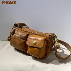 PNDME-Bolsa Crossbody de couro genuíno para homens e mulheres, bolsa de peito multi-bolso, artesanal, casual, luxo, couro real, designer