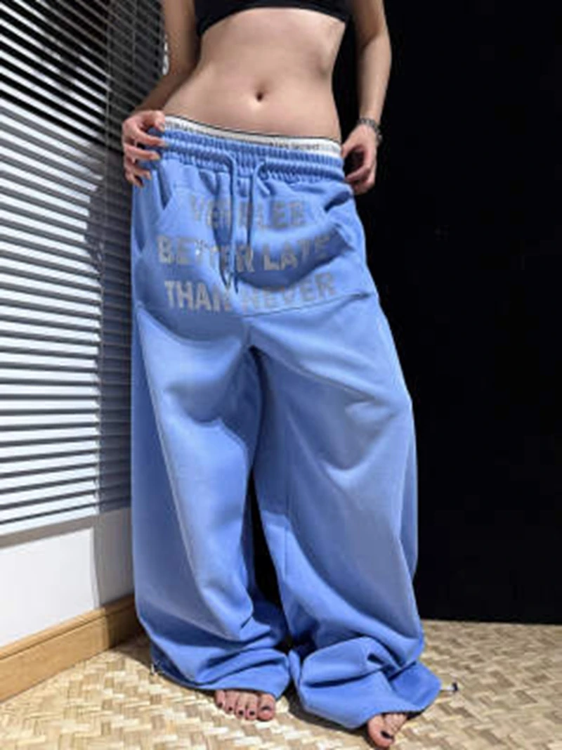 

Осенние винтажные синие широкие спортивные брюки унисекс с эффектом потертости, мягкие, на шнурке, с высокой талией, для отдыха, в стиле ретро, драпированные