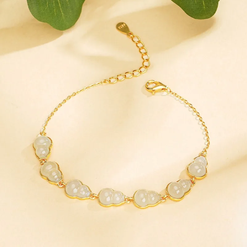 

TIMESWIND Natural Hetian Jade Gourds Auspicious Women S925 Silver Bracelet with Certificate