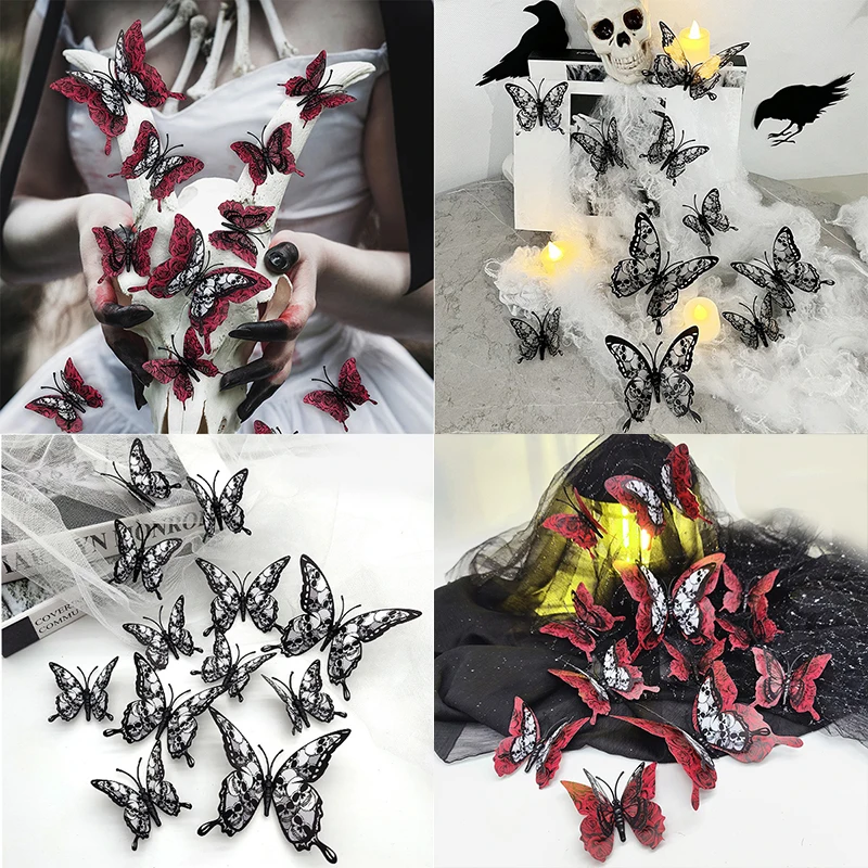 12Pcs Halloween Themed Skull Butterfly Stickers For Home Decor Horror Wall Sticker Ghost Festival Double-Layer Butterfly Sticker