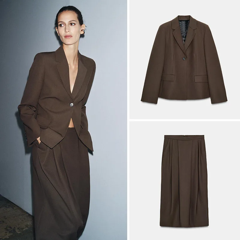 

New Arrival Autumn Women's Suit Jaet Pleated Skirt Long Sve Casual Sle Stand Fit Button Closure Other Material 00%