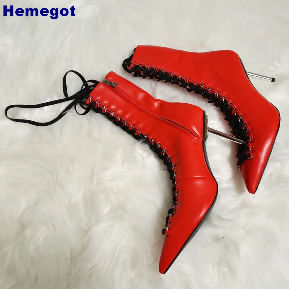 

Pointed Hollow Metal Stiletto Short Boots 2024 Summer Street Sexy Cross Lace Fashion Women Boots Genuine Leather Zipper Sandals