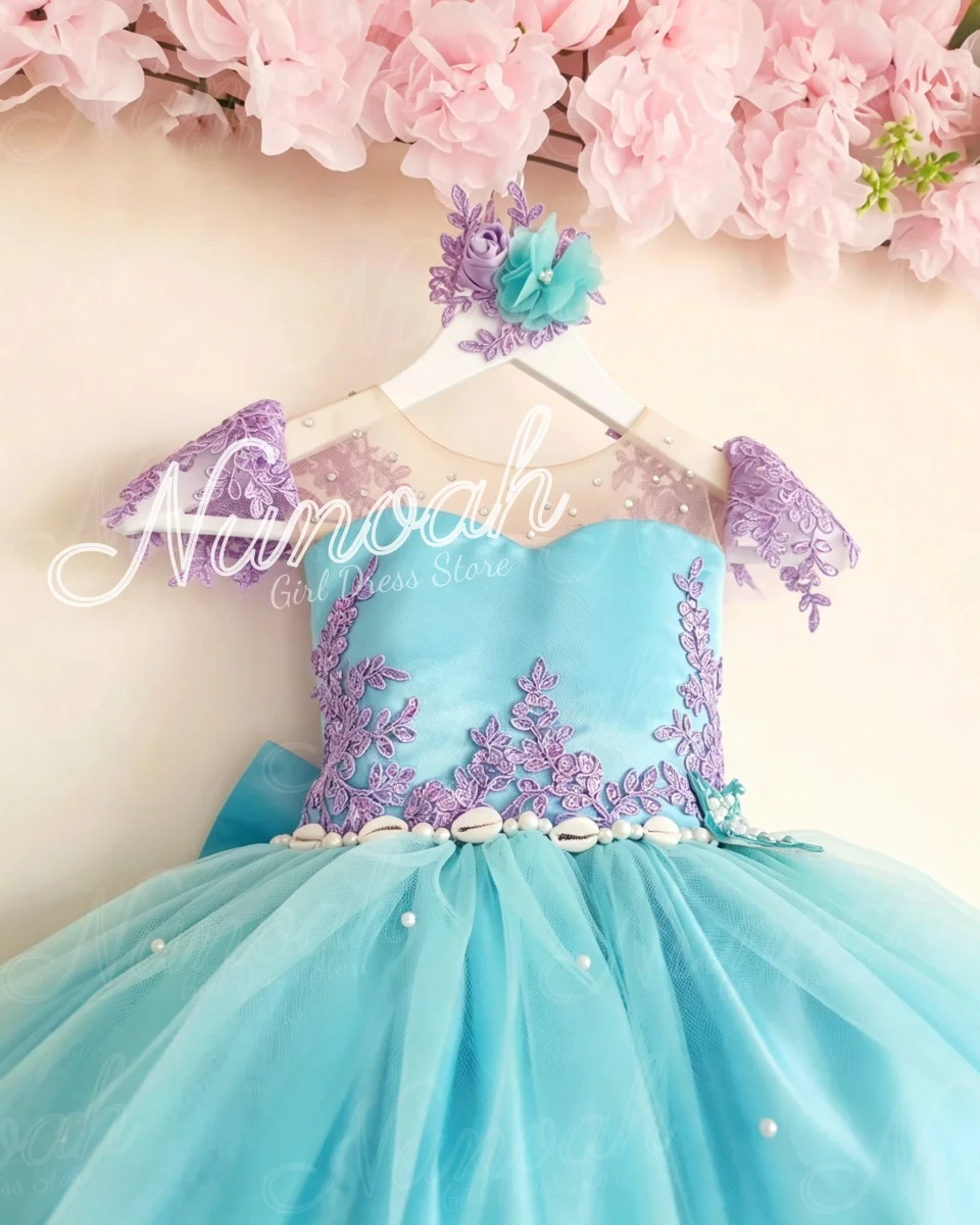 Flower Girl Dress For Wedding with Trail Pearls Lace Applique Floor Length Girl Birthday Party First Communion Gowns Customized