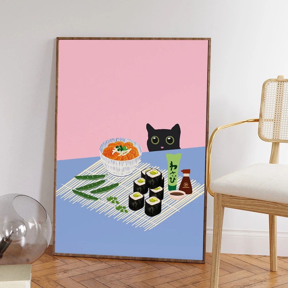 Korean Food Street Kimchee Poster Print Modern Black Cat Picnic Kitchen Wall Art Canvas Painting Decor Home Easter Kidroom