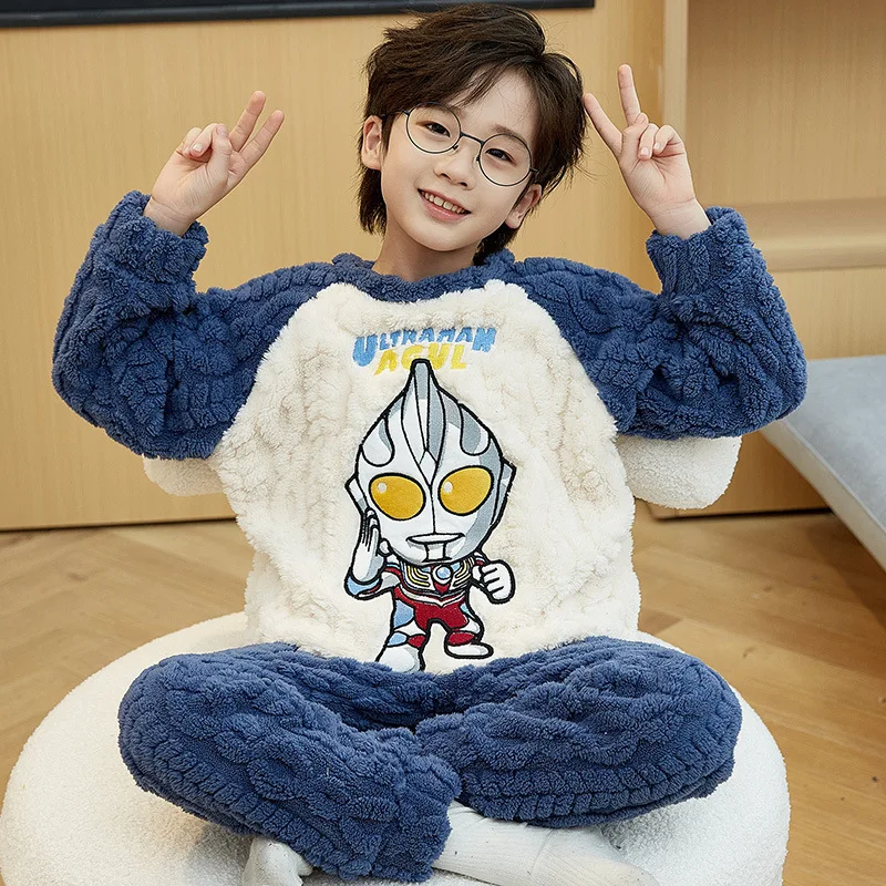 ONE PIECE Luffy autumn and winter coral fleece pullover children's pajamas boys cartoon thickened fleece thermal loungewear