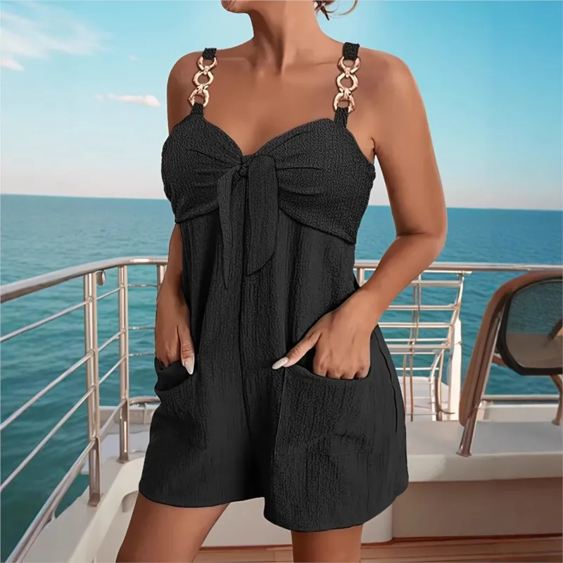 

Summer Casual Fashion Suspender Shorts Jumpsuit Suspender Pants 2026 Elegant Women's Metal Buckle Bow Jumpsuit Pocket Jumpsuit