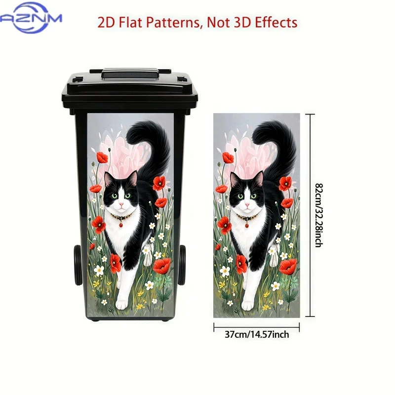 [2D Flat Printing]1pc Trash Can Sticker[Title Translated, Do Not Change Black And White Cat in Flowers Theme Design Wall Stick