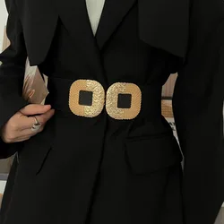 Square Buckle of Metal Women's Elastic Waistband Wide Decorative Suit Outerwear Dress Fashionable Belt Black