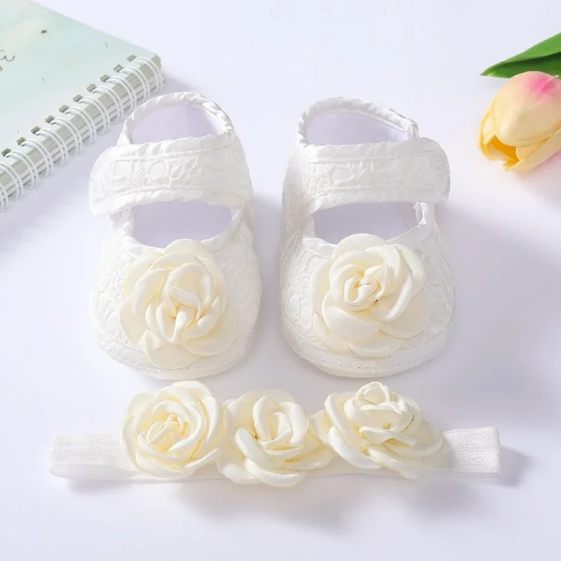 

White Baptism Baby Shoes Hairband Set 0-1Year Old Newborn Princess Rose Flower Bow Dress Christening Shoes Birthday Gift