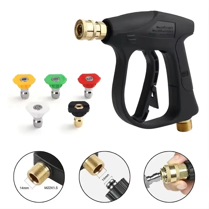 Short Pressure Washer Gun with 5 Nozzles, M22‑14 Thread, Battery‑Free High‑Power Tool for Car, Roof & Window Cleaning