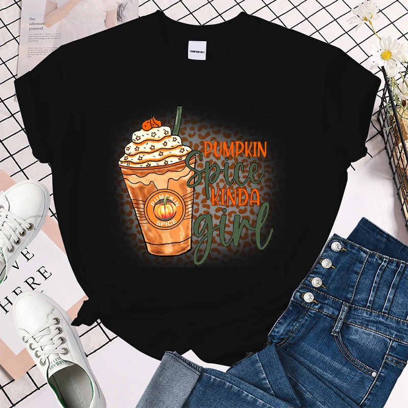 (Premium T-shirt)Fall Coffee Pumpkin Spice Kinda Girl T-Shirts For Women Summer Tee Shirt Femme Casual Short Sleeve Round Neck