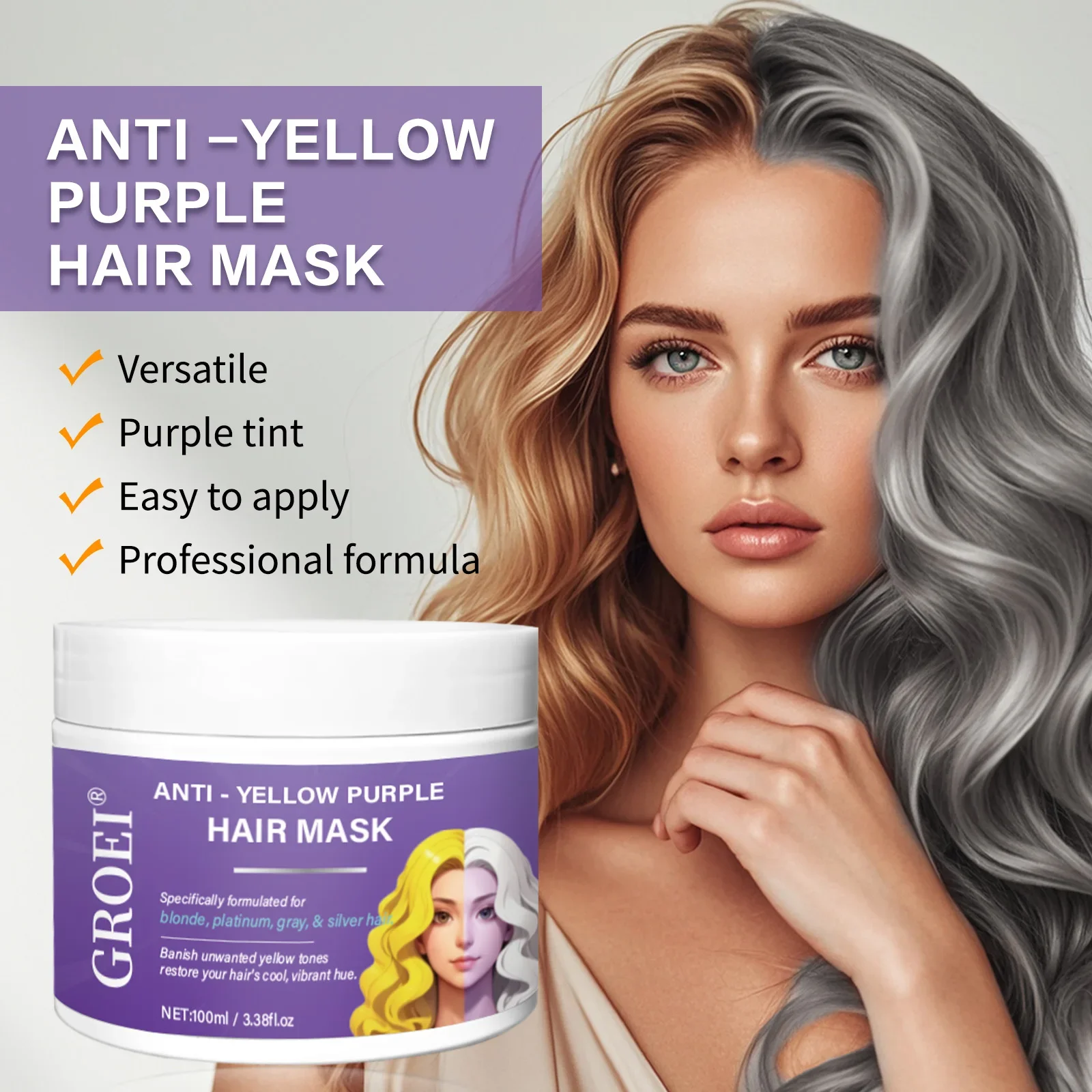 Color Correcting Purple Mask - Eliminates brassiness & yellow tones from blonde/gray/silver hair. Deeply nourishes & brightens.