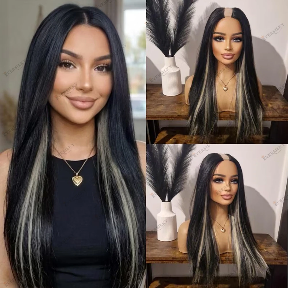 

Highlight Blonde Black Human Hair Silky Straight Indian Remy U Part Wigs Glueless Easy Wear V Part Wig for Black Women 1x4 Size