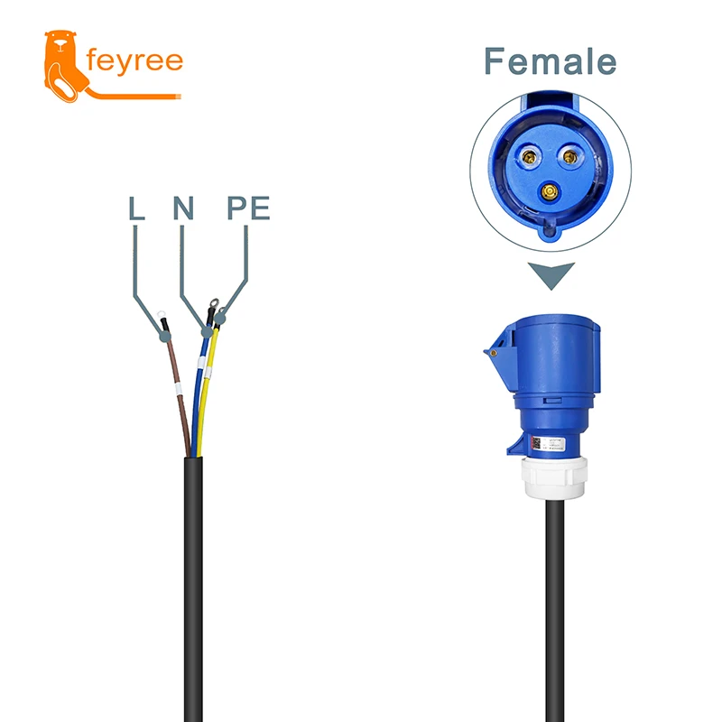 Fey123-Chargeur EV Portable avec Prise Femelle CEE, Adaptateur 3 Broches, Connexion Étanche, Prise Murale, 32A, 1Phase, 7KW