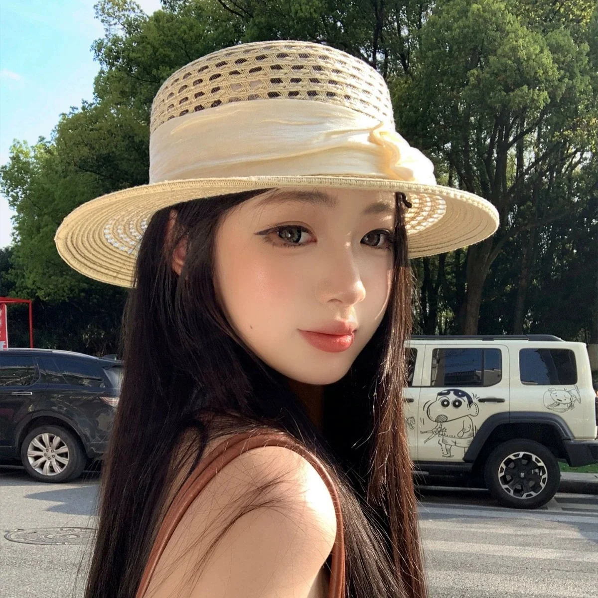 Women’s Fashionable Bow Flat-Topped Straw Hat – Summer Vacation, Beach, Sun Hat, Elegant Fancy Hat