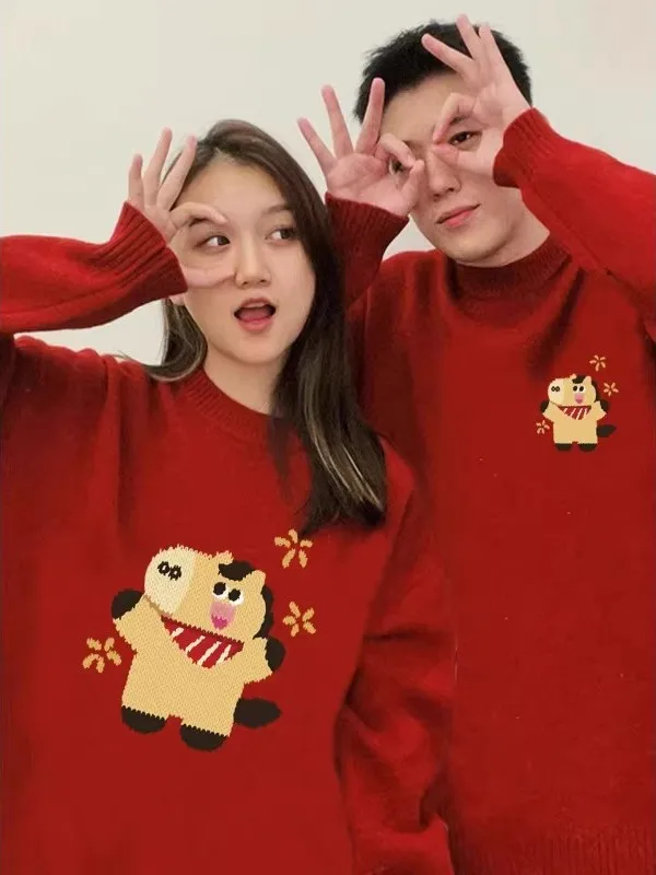 

Вязаный свитер большого размера (300 пу) красного цвета для мужчин и женщин, подходит для Китайского Нового года, повседневный стиль