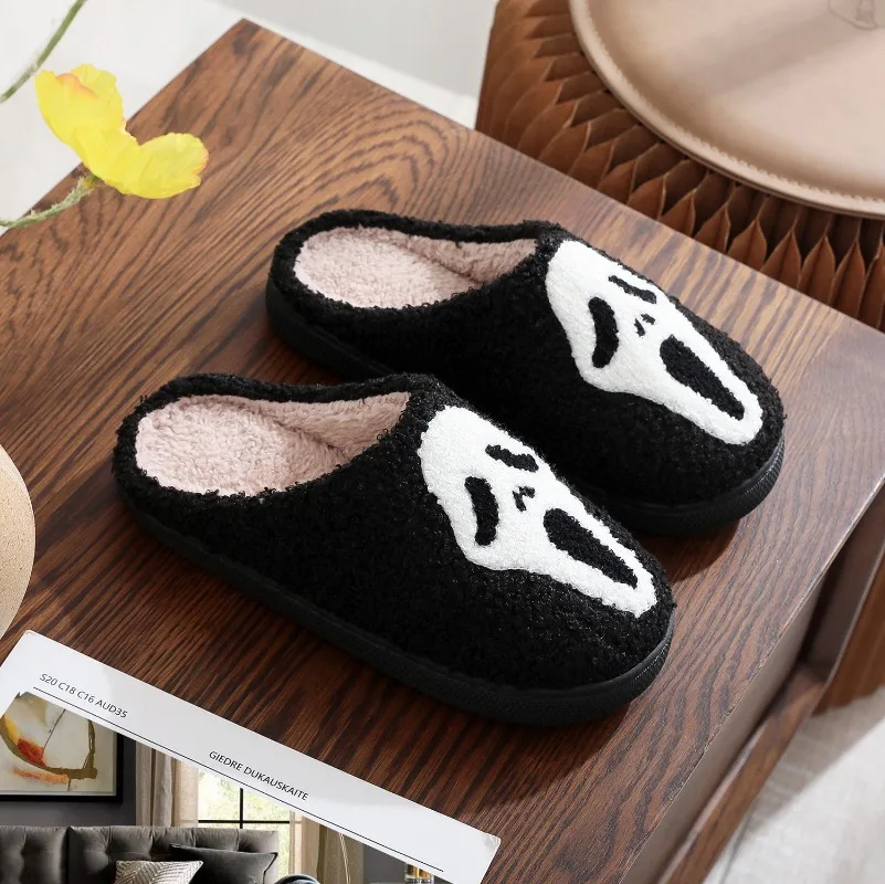 Warm Plush Slippers Women's Winter New Halloween Black Ghostface Home Cotten Slippers Men Flip Flops Indoor Floor Slippers Gifts