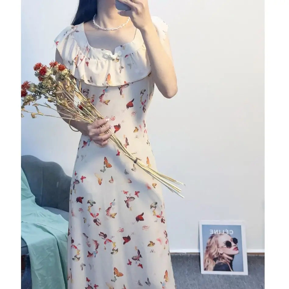 드레스 민소매 여성 보헤미안 스타일 봄 시폰 레이스업 주름 플러터 레이어드 케이크 드레스 랜턴 슬리브 프렌치 스타일 스위트하트