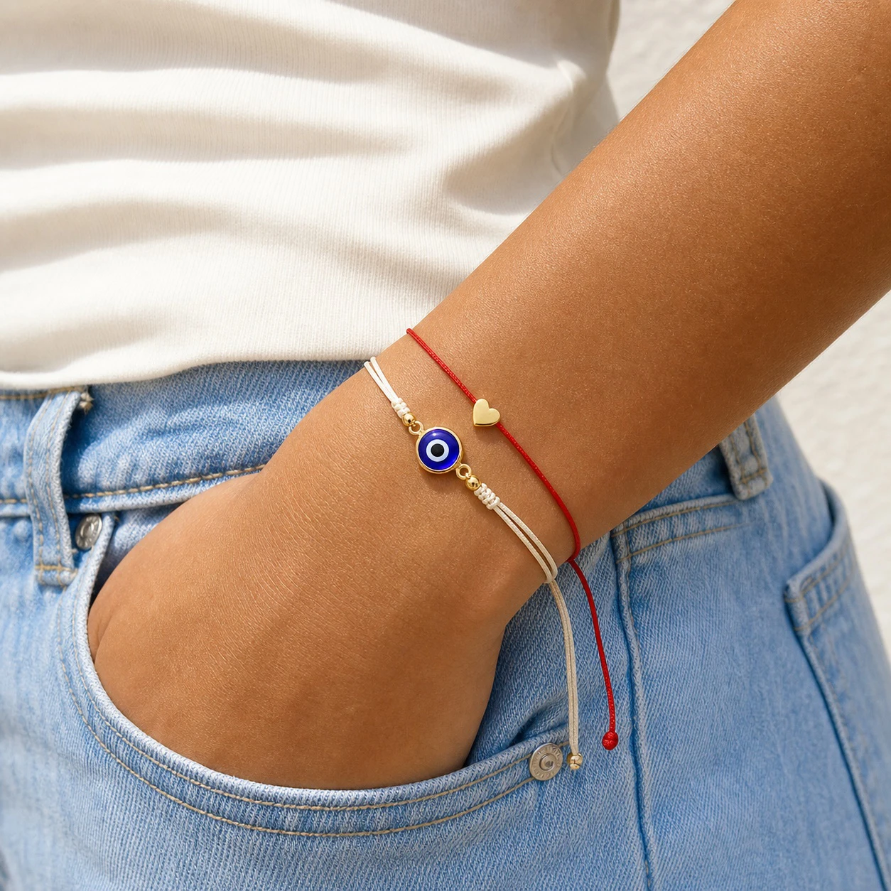 2pcs Adjustable Red Heart Charm and White Blue Evil Eye Bead Cord Bracelets for Women Trendy Friendship Gift Set