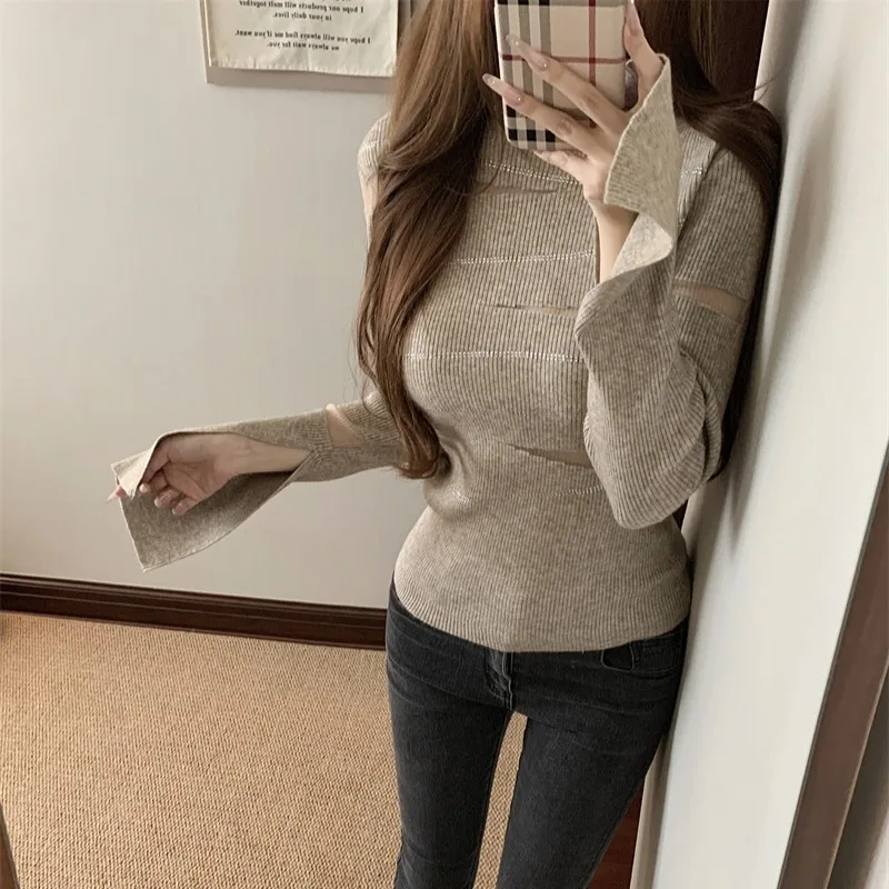 Einzigartiger Personali Sexy Strass Strickpullover Damen Faion Design Slim Fit Top Korean Sle Long Sve Color
