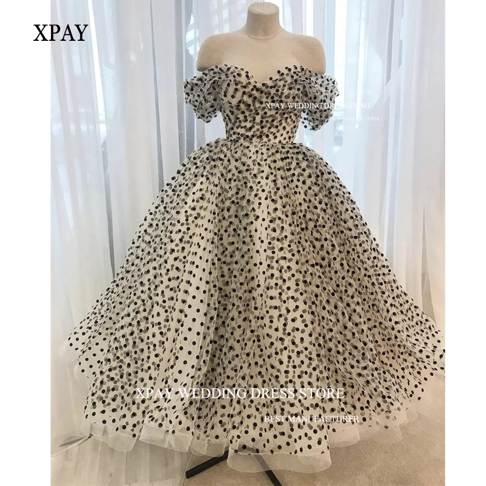 

XPAY Classic Dotted Tulle Black White Prom Dresses Off the Shoulder Ankle Length Women Evening Party Gowns Formal Plus Size