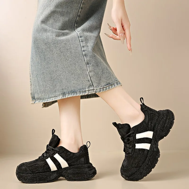 

Black Rhinestone Chunky Platform Sneakers for Women Height Increasing Breathable Dad Shoes Casual Lace-Up Trainers Plus Size 42