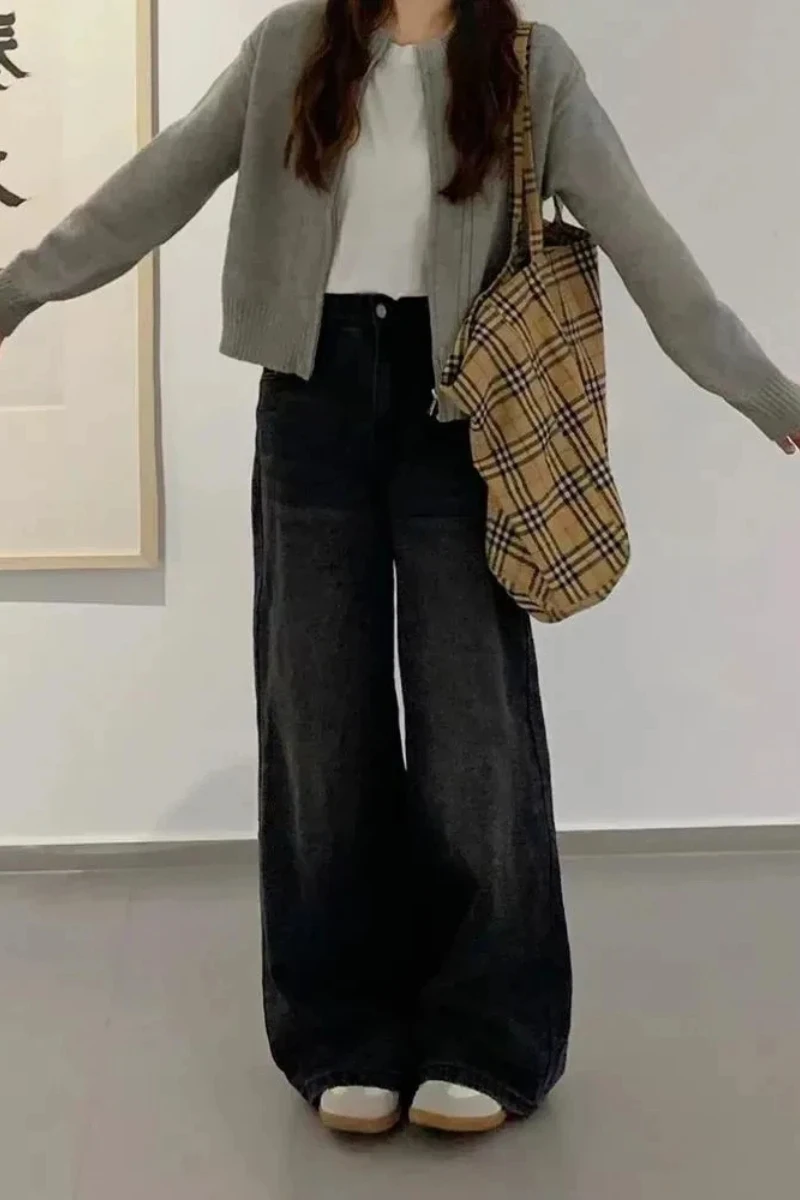 Y2k جينز نسائي جينز أسود مغسول بأرجل واسعة وخصر عالي فضفاض مناسب للشتاء وصل حديثًا بنطلون تنحيف ثنى مستقيم طويل