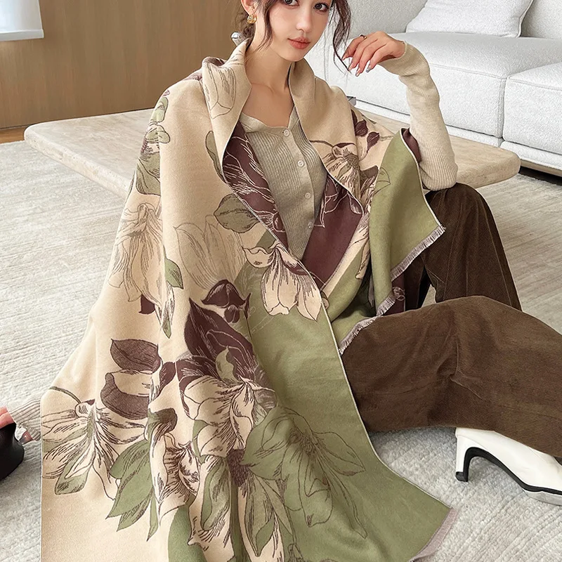 2024 Autumn Winter New Shawl Cloak Women Printing Elegant All-matching Warm Tassel Cardigan Poncho Coats Female Capes T208