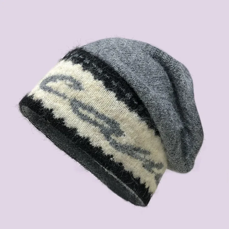 Unisex Slouchy Knit Beanie Hat Jacquard Pattern Folded Color‑Block Splicing Retro Street Winter Cap Women Daily Outdoor Headwear