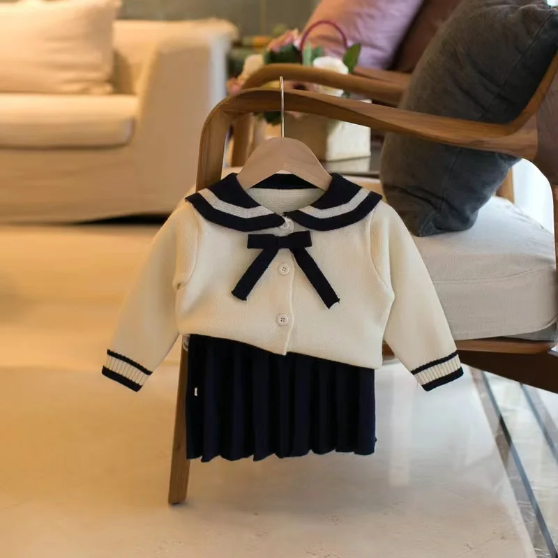 Autumn Navy Collar Children's Knitted Sweater Sets Woolen Skirt Campus Style New Knitted Baby Cardigan Sets