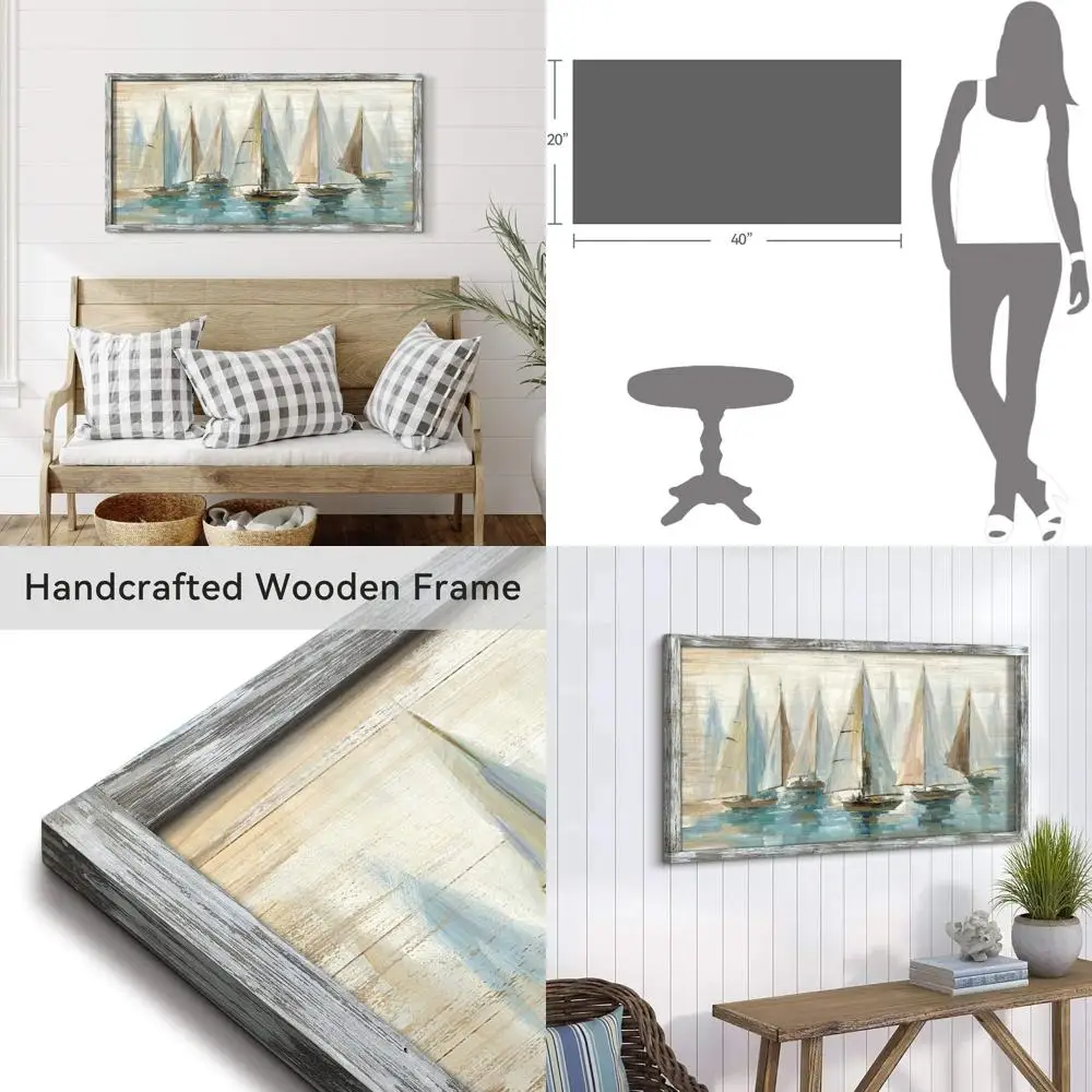 

Coastal Sailboat Seascape Art: Wooden Framed Wall Decor for Bedroom (40x20)