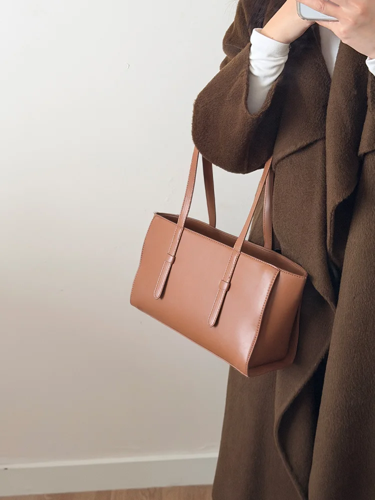 Fashionable Large Capacity Women's Tote Bag Drawstring Handbag Shoulder Bag Casual Simplistic Style Leather Handle Bag