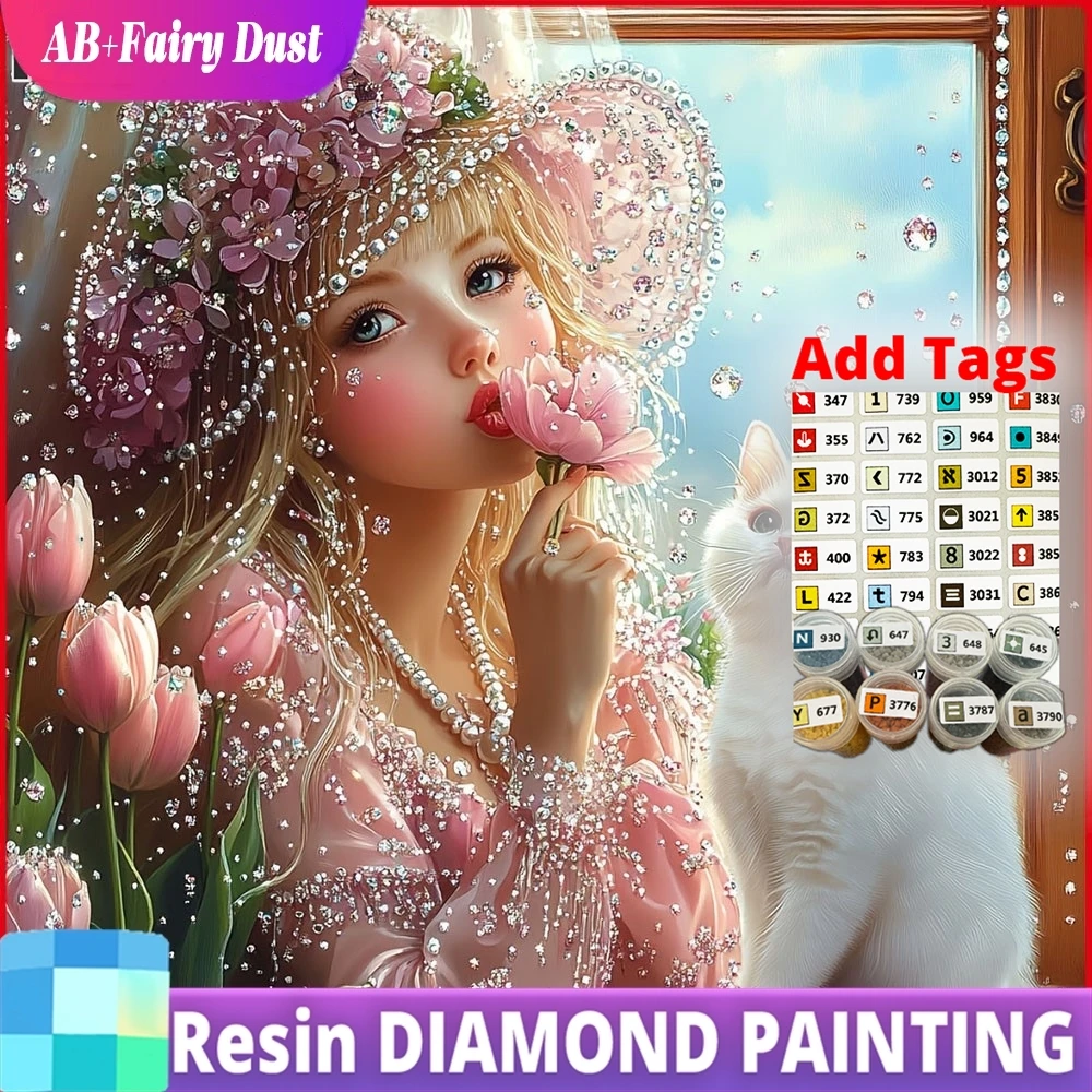 

Алмазная мозаика из смолы AB «Волшебная пыль»: Женщина, кошка, цветы. Новая коллекция 2026. Картина с портретом.