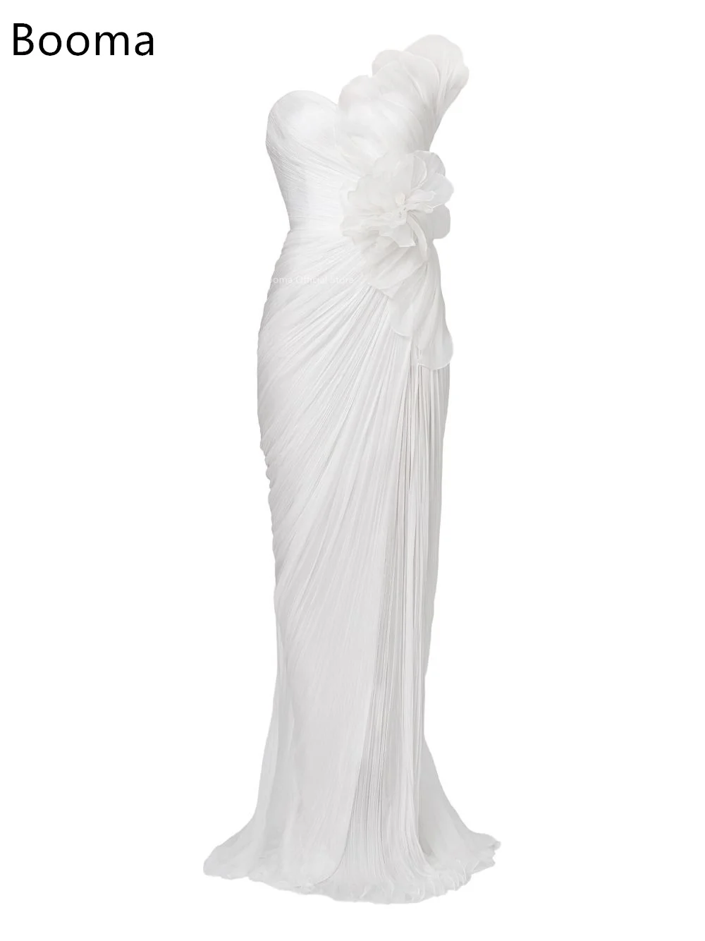 Booma Meerjungfrau, trägerlos, mit Falten, Blume, elegante Brautkleider, ärmellos, seitlich geteilt, Brautkleid nach Maß