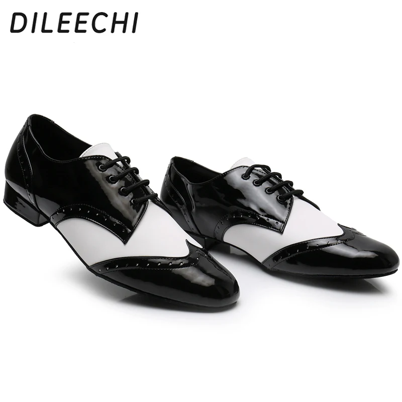 DILEECHI Men\'s Dance Shoes Adult Soft outsole Black PU Leather Square Ballroom dancing Shoes Low Wide Heel 2cm